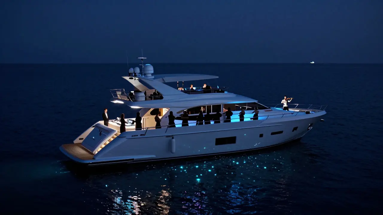 A luxury yacht floats at night with a glass dance floor revealing glowing plankton below, under a starlit sky.