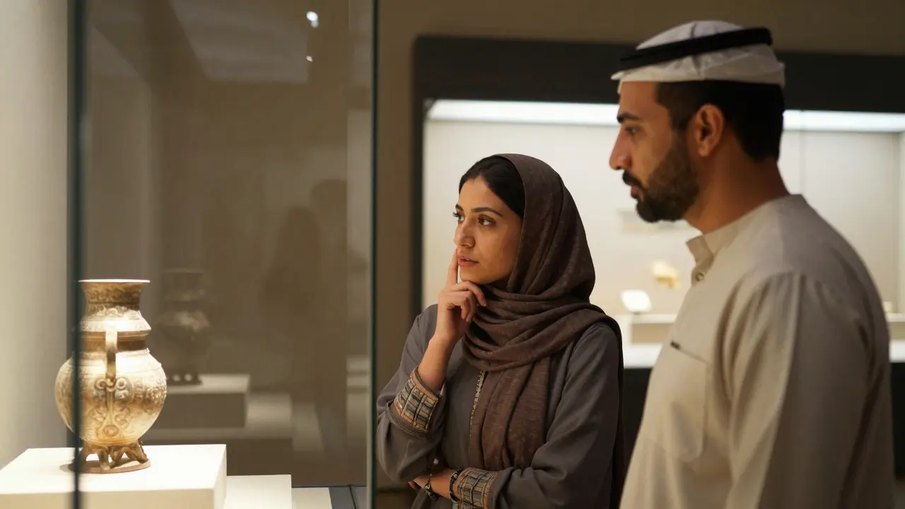 A man and woman engaging thoughtfully at Dubai Museum, admiring an artifact with quiet curiosity and mutual respect.