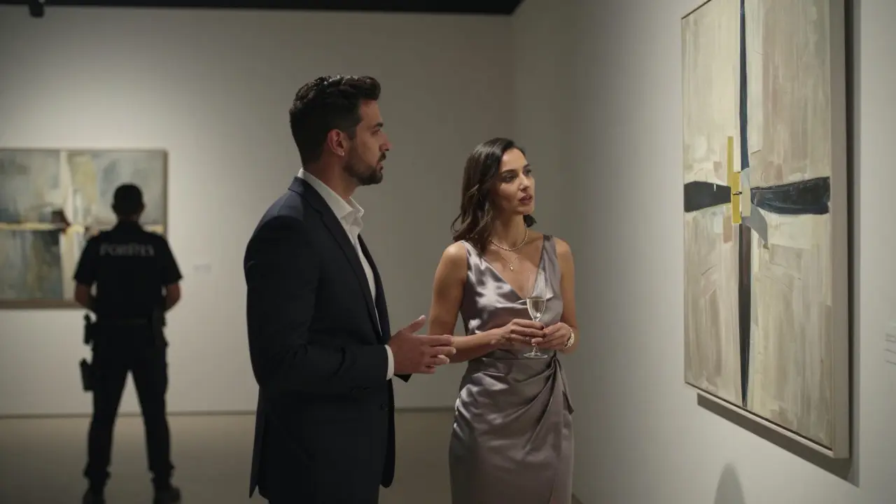 A man and woman in elegant attire discussing art in a private Dubai gallery during a VIP viewing.