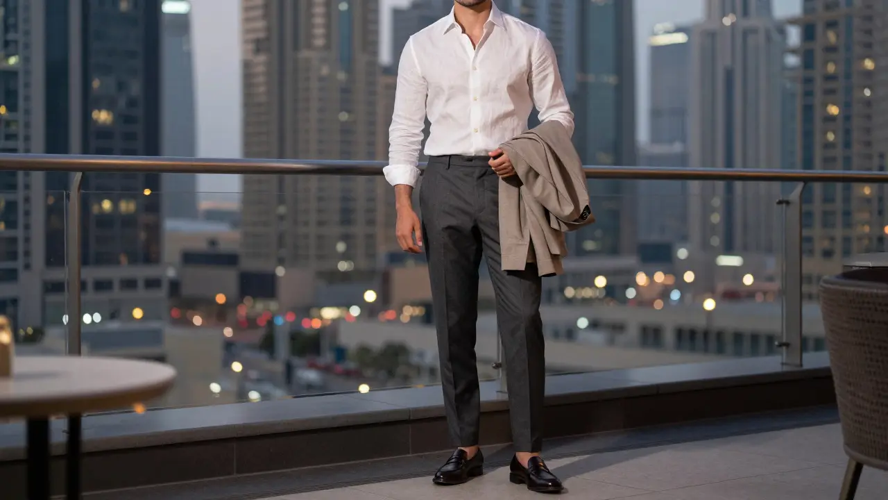 A man in linen shirt and tailored trousers standing at a Dubai rooftop bar, looking sophisticated.