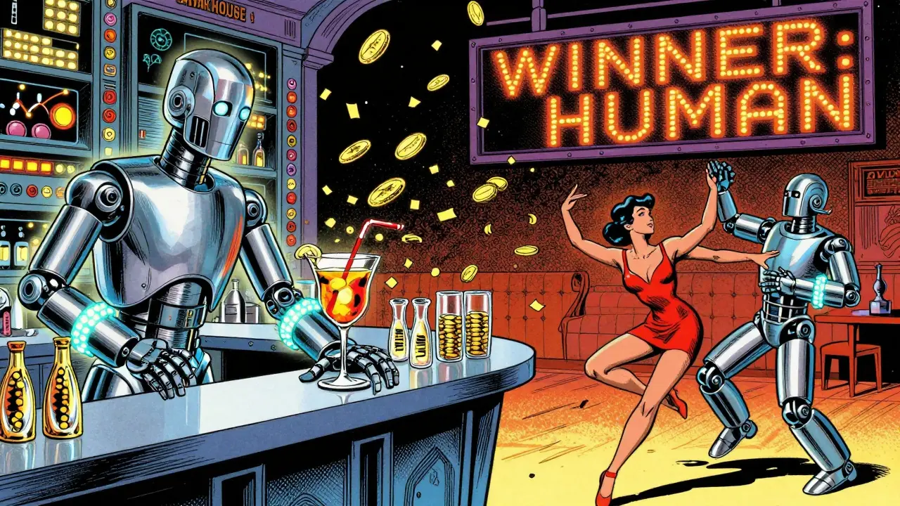 A person dancing against a robot bartender in a glowing futuristic Dubai club.