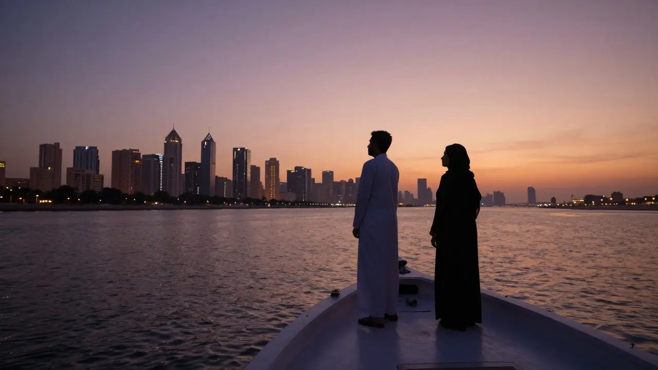 A private dhow cruise along Dubai Creek at sunset, two people standing quietly together with the city skyline behind them.