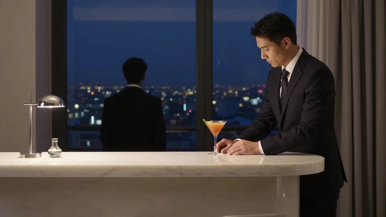 A professional companion prepares a drink in a luxury hotel suite, silhouette against Milan's city lights, conveying discretion and calm elegance.