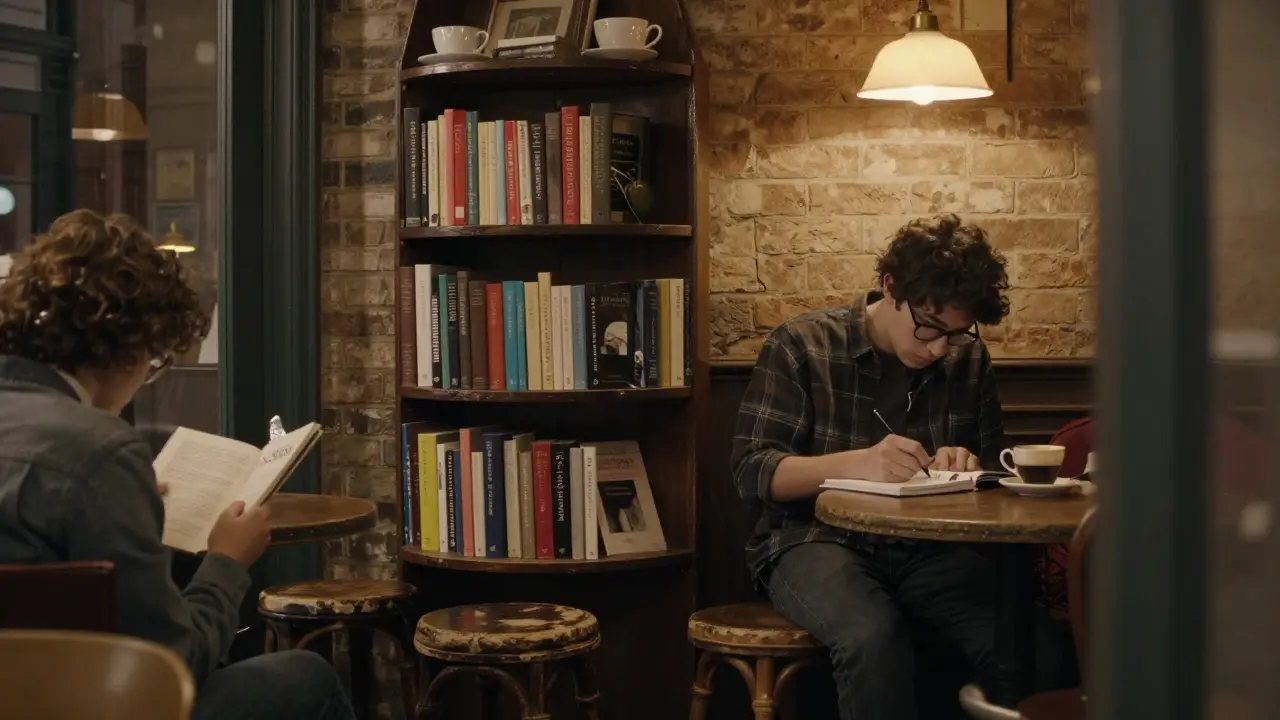 A quiet café at night with patrons reading and writing, surrounded by a rotating shelf of secondhand books.