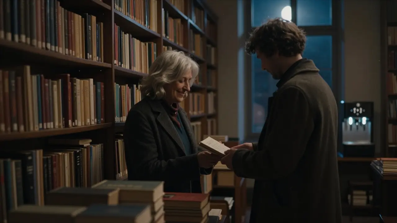 A quiet library at night where a librarian gives a poetry book to a lone reader under moonlight.