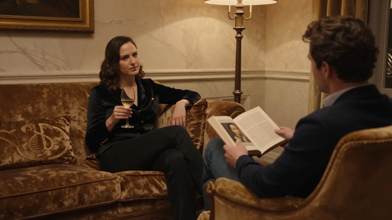 A refined companion and client engage in thoughtful conversation in a Brera apartment, surrounded by art books and soft lamplight.