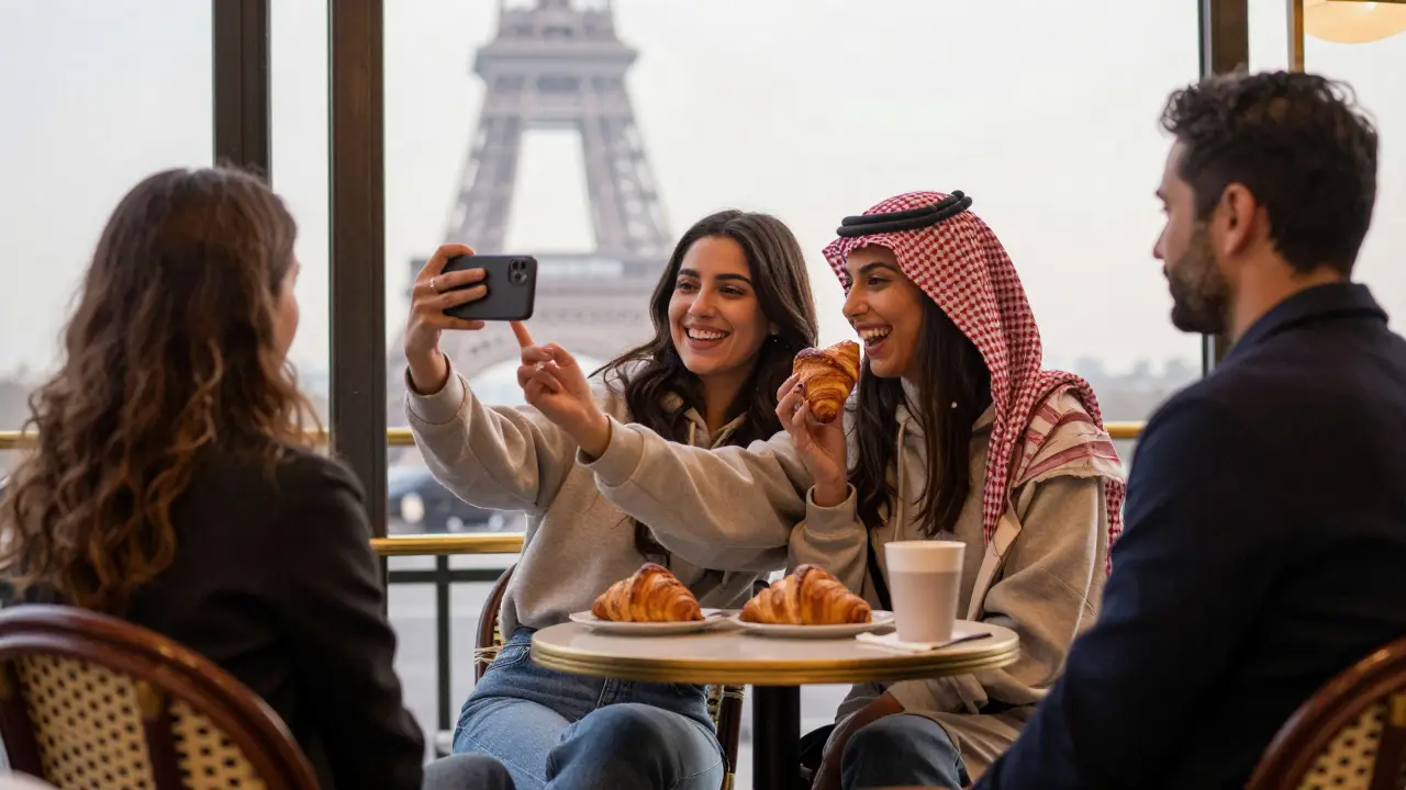 A Saudi princess and her companion laugh in a Paris café, taking selfies with strangers, dressed casually, escaping royalty.