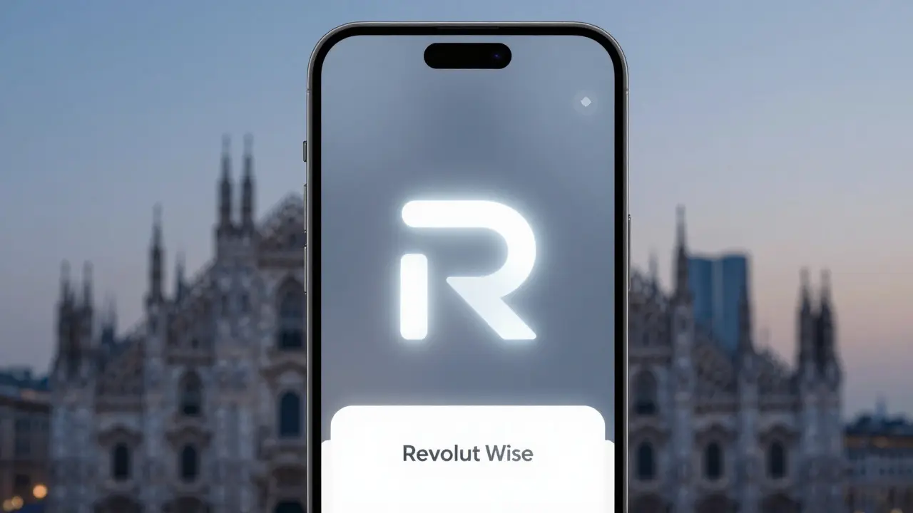 A smartphone displays a secure payment confirmation with a glowing code symbol, set against Milan’s dawn skyline.