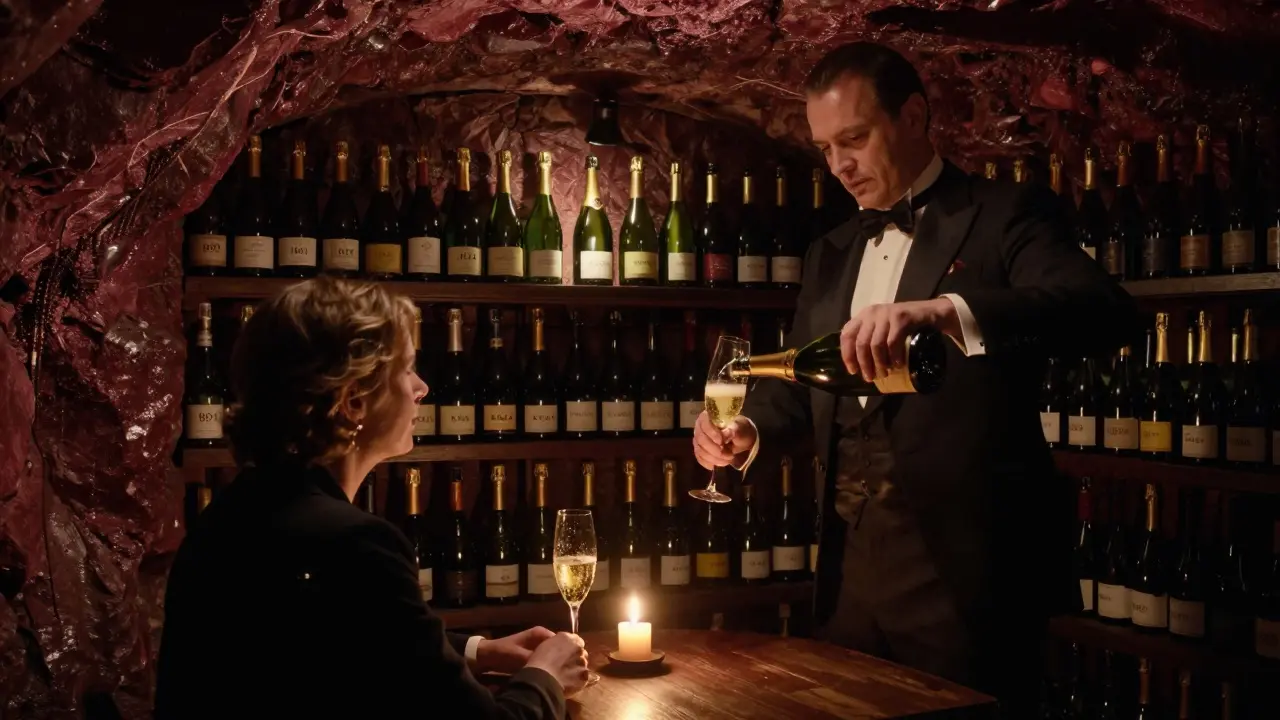 A sommelier pouring rare 1921 champagne in an underground cellar, surrounded by vintage bottles and candlelit elegance.