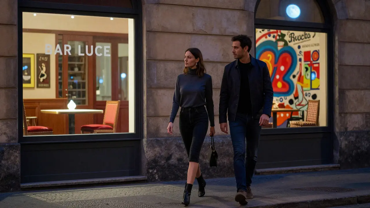 A stylish couple walking at night past a design-forward bar in Porta Romana under moonlight.