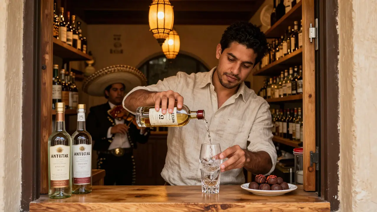 A tequila sommelier pours aged añejo in a hidden lounge lit by hanging lanterns.