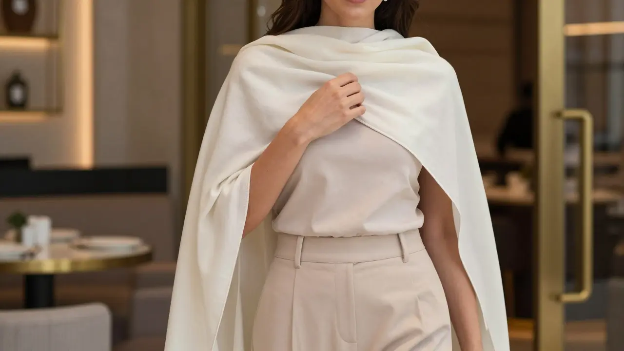 A woman adjusting a shawl before entering a high-end Dubai restaurant, dressed modestly and elegantly.