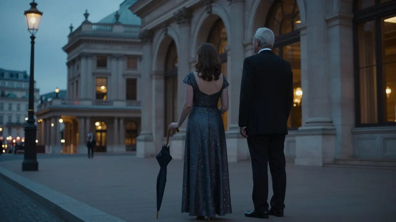 A woman in evening gown stands beside a man outside the Royal Opera House at dusk, sharing silent companionship under city lights.
