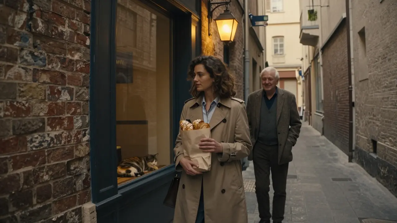 A woman outside a hidden bakery in Paris, holding croissants as a man watches softly in the golden hour light.