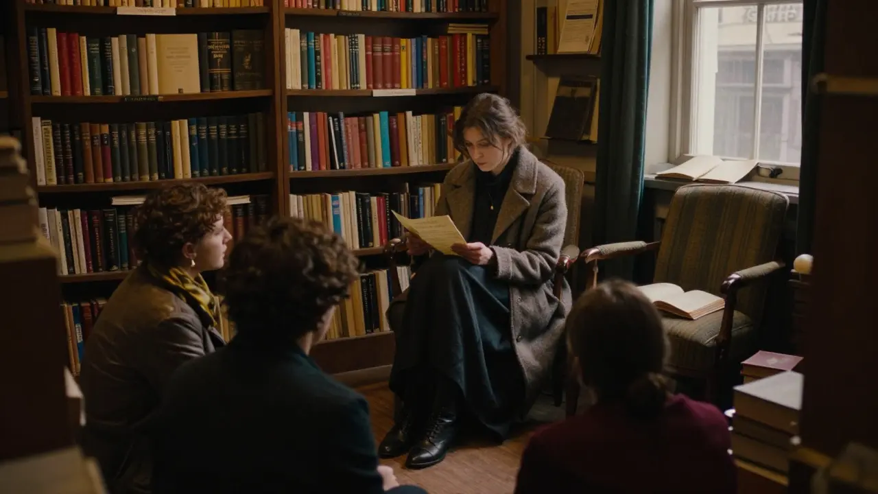 A woman reading an old letter aloud in a dimly lit basement bookstore filled with towering bookshelves.