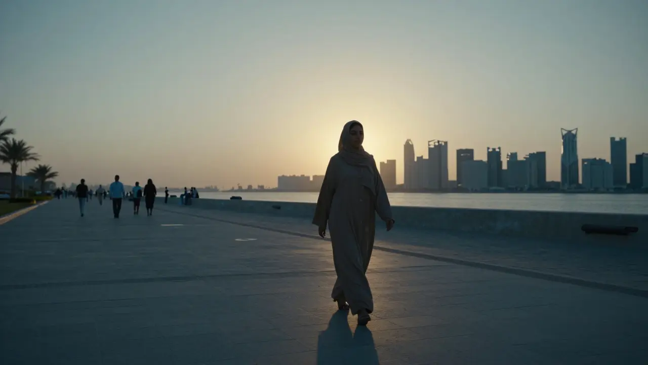 A woman walking alone along Abu Dhabi’s waterfront at sunset, with luxury hotels in the distance.
