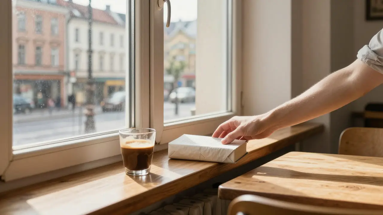 A wrapped book left beside a coffee cup on a windowsill, sunlight illuminating a faded Berlin mural outside.