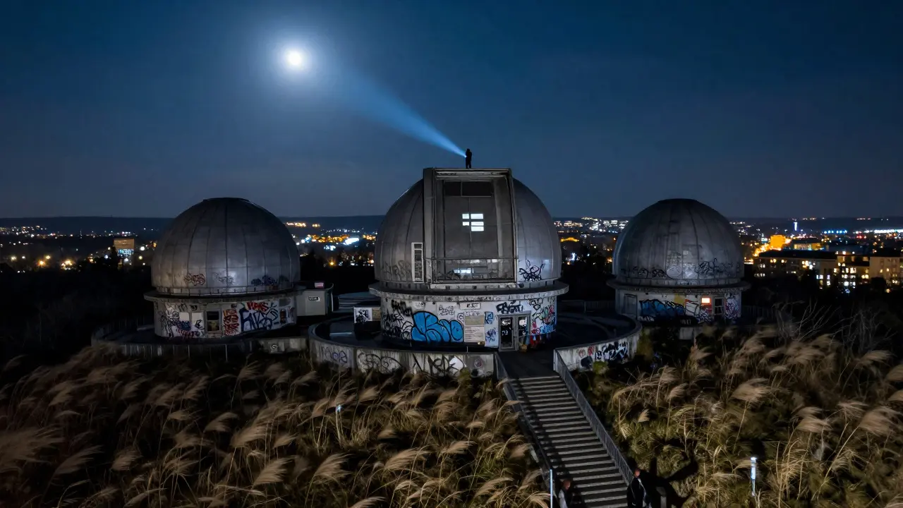 An abandoned spy station on a hill at midnight, with a solitary figure overlooking Berlin's glowing city lights.