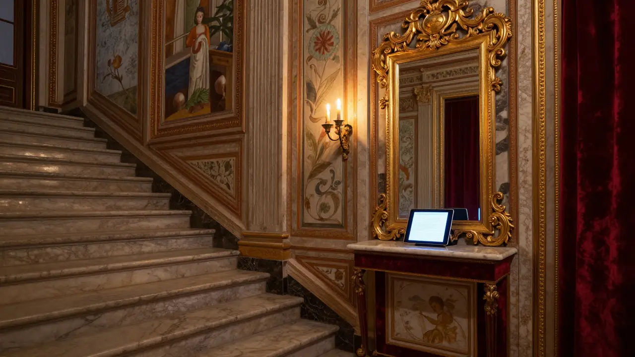 An anonymous check-in tablet in a grand palace hallway, no people, only quiet elegance.