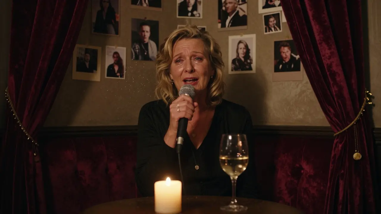 An elderly woman singing softly in a candlelit chapel-turned-karaoke space surrounded by sentimental photos