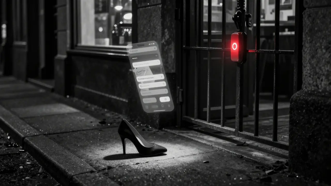 An empty Berlin street at night, a single shoe and a hidden note suggesting careful, private routines.
