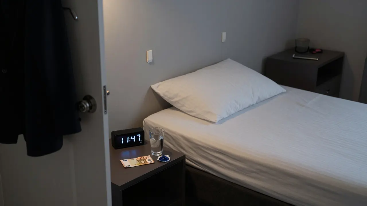 An empty hotel room after a respectful encounter, with payment and personal items left neatly arranged.
