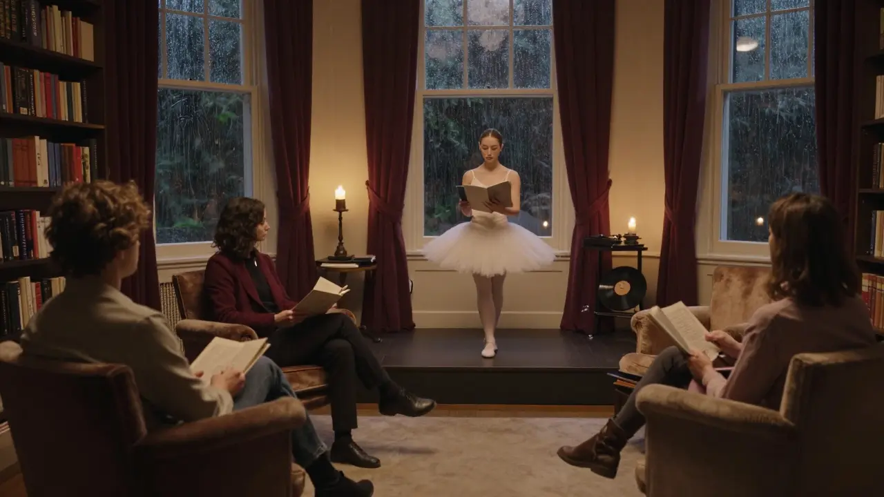 An intimate theatre night in a London flat, with a companion reading to clients by candlelight.