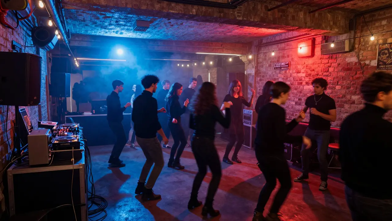 An underground warehouse club in Zona Tortona with dancers moving to techno beats under pulsing neon lights.