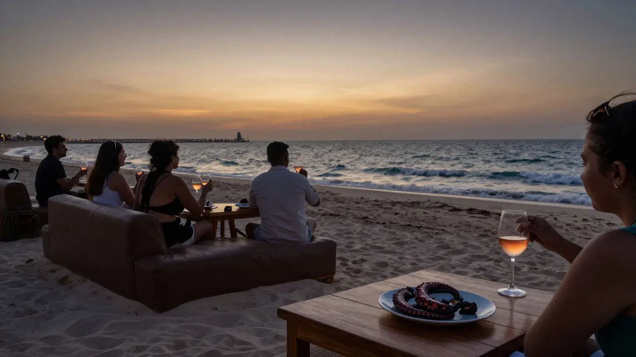 Beachfront lounge at sunset with guests sipping rosé and waves gently crashing