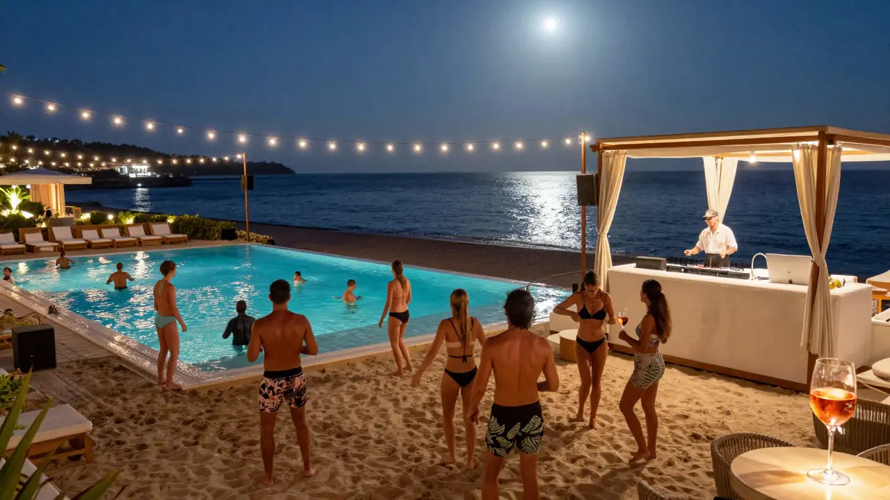 Blue Bay beach club at night with people dancing on sand and swimming in the pool under string lights and moonlit Mediterranean waves.