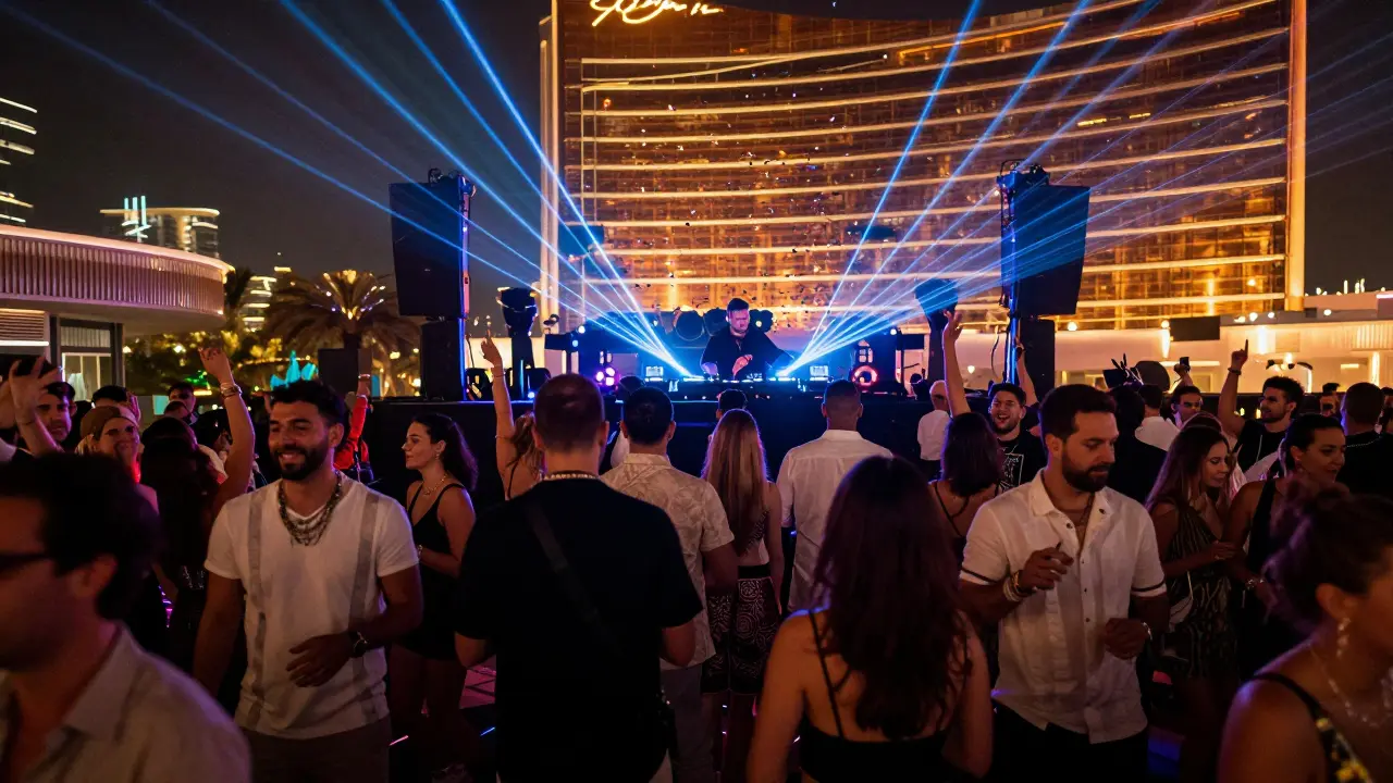 Crowd dancing at Club Wynn under pulsing lasers as a famous DJ performs on stage.