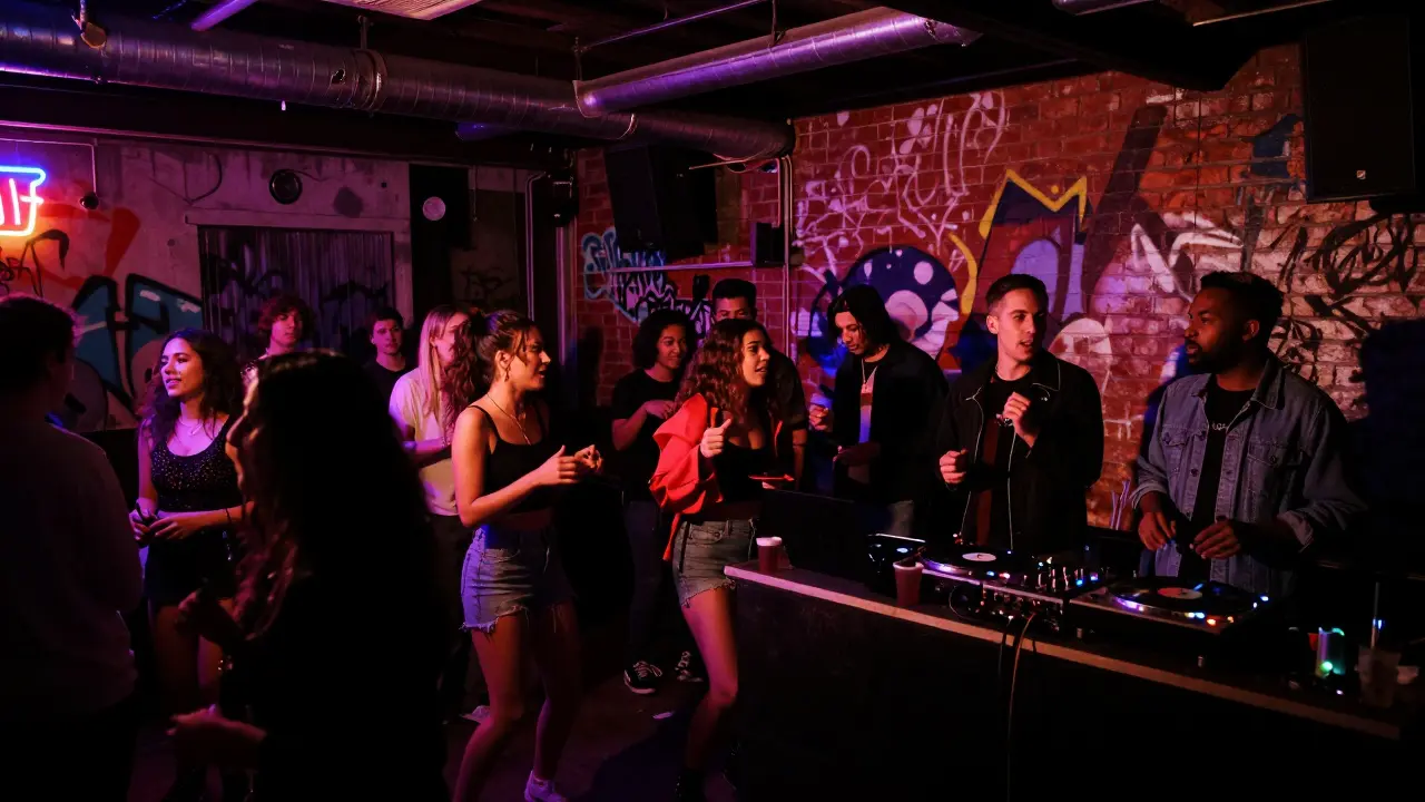 Crowd dancing in a dim, gritty underground club with live music and graffiti-covered walls.