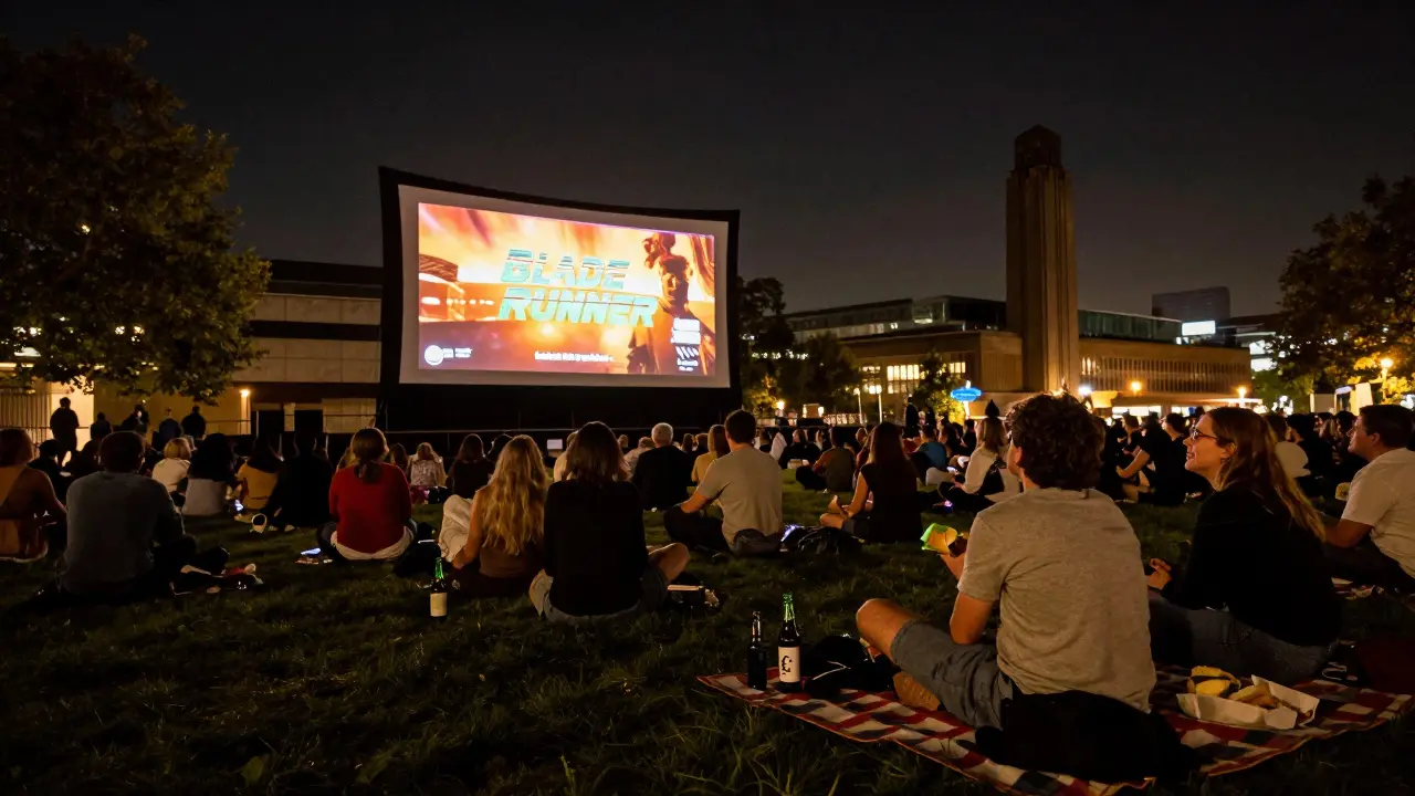 Crowd watching a classic film outdoors at Southbank Centre with blankets and drinks, under night sky and soft screen glow.