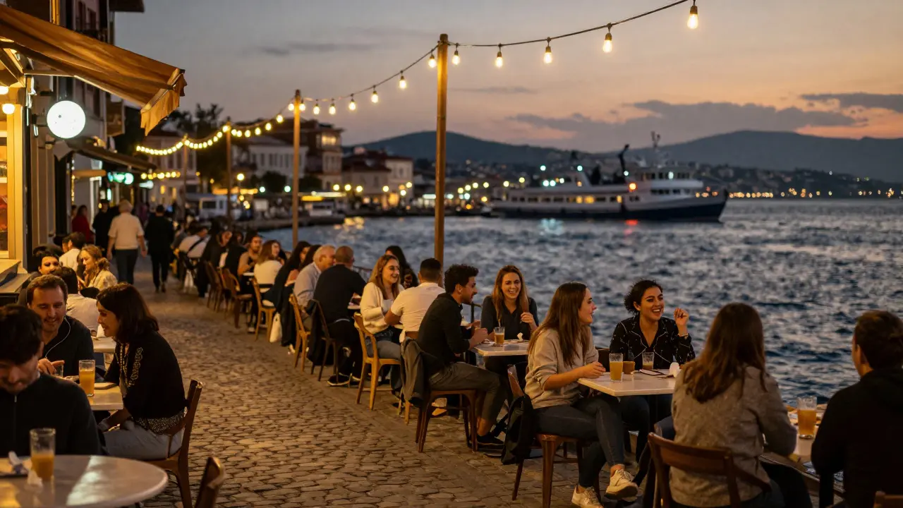 Crowded seaside tables in Moda with ferry in background.