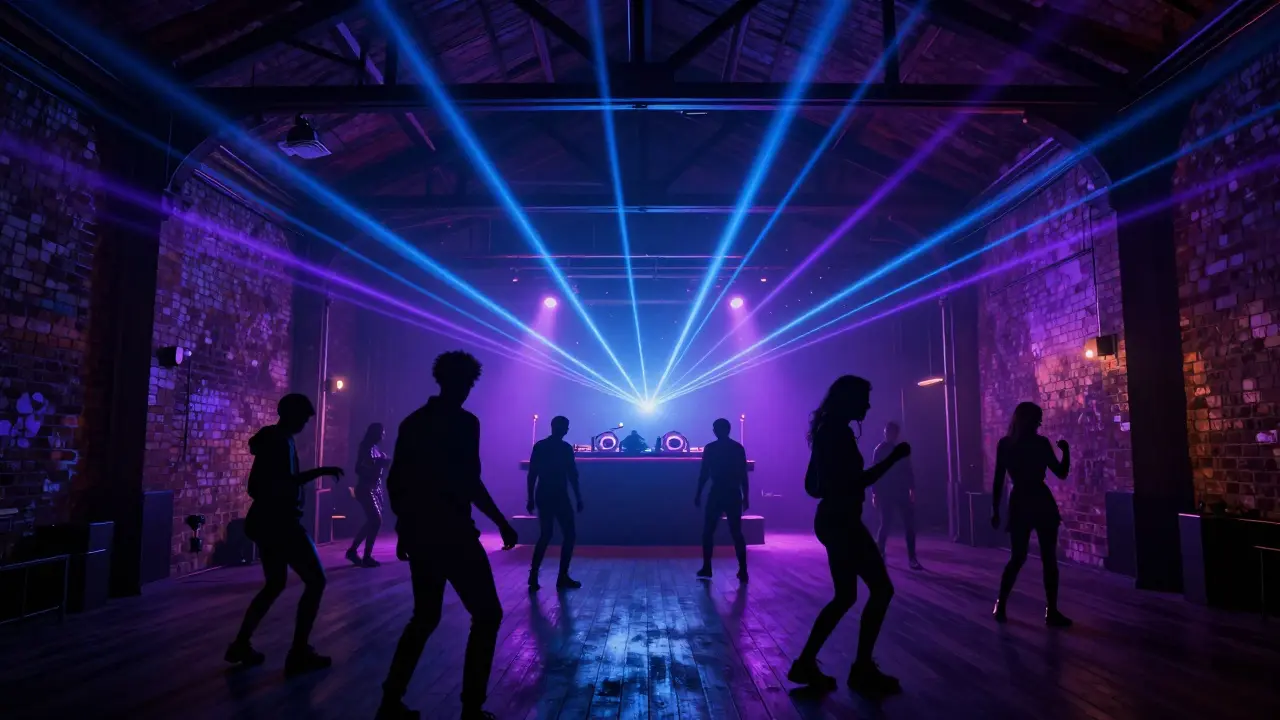 Dark warehouse club interior with neon lasers and dancing silhouettes.