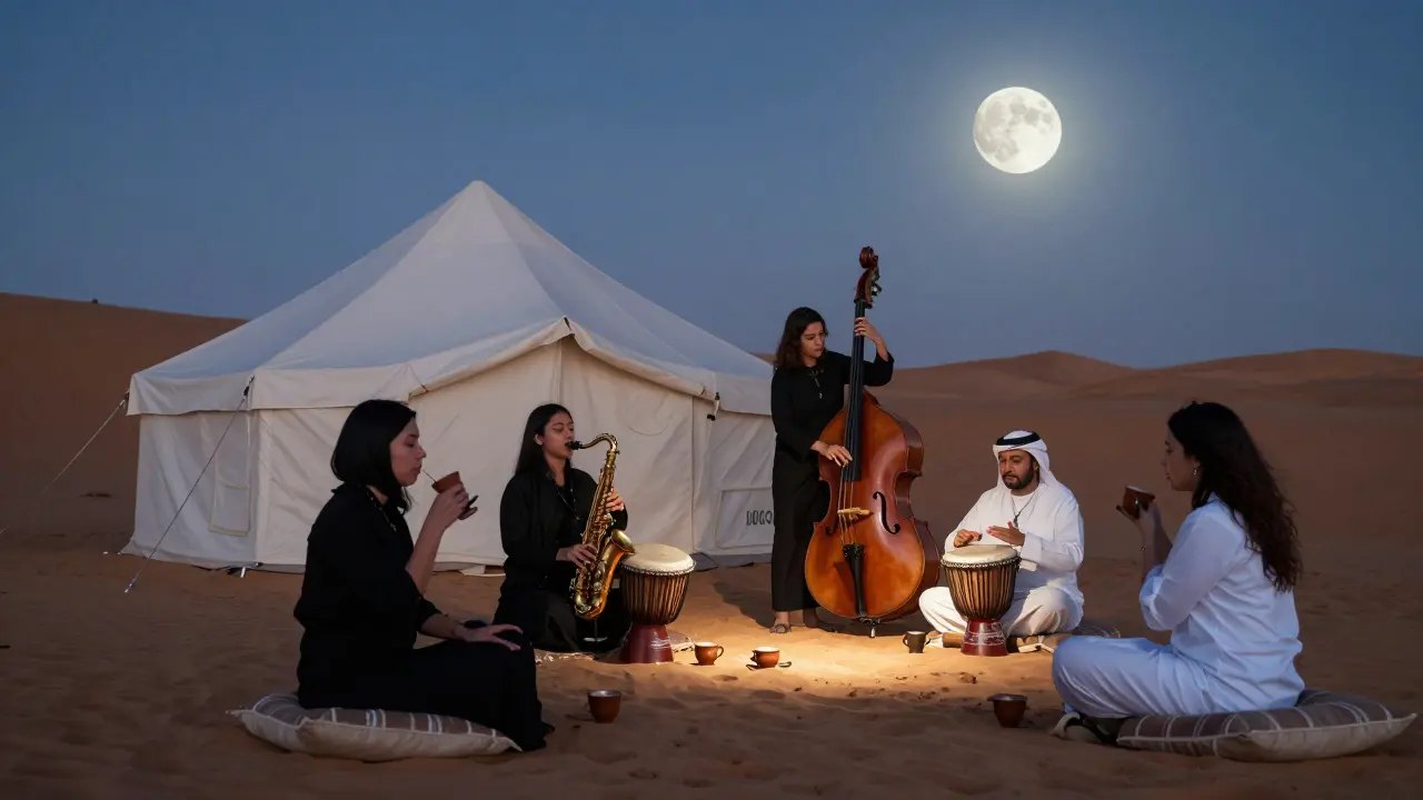 Desert tent under a full moon with musicians playing jazz, guests sipping coffee from clay cups.