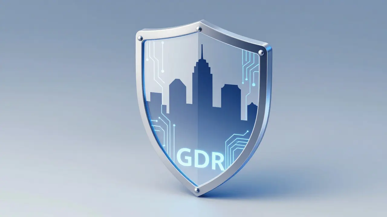 Digital shield graphic over map representing data privacy