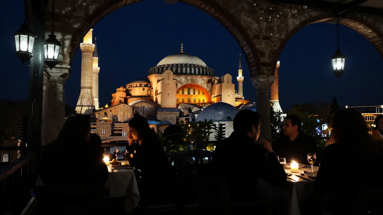 Dinner view of illuminated Hagia Sophia from Sultanahmet rooftop.