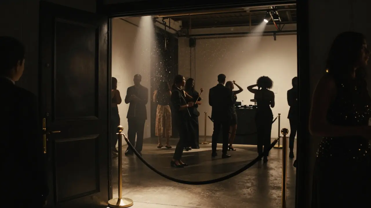 Exclusive club entrance with velvet rope and stylish crowd.