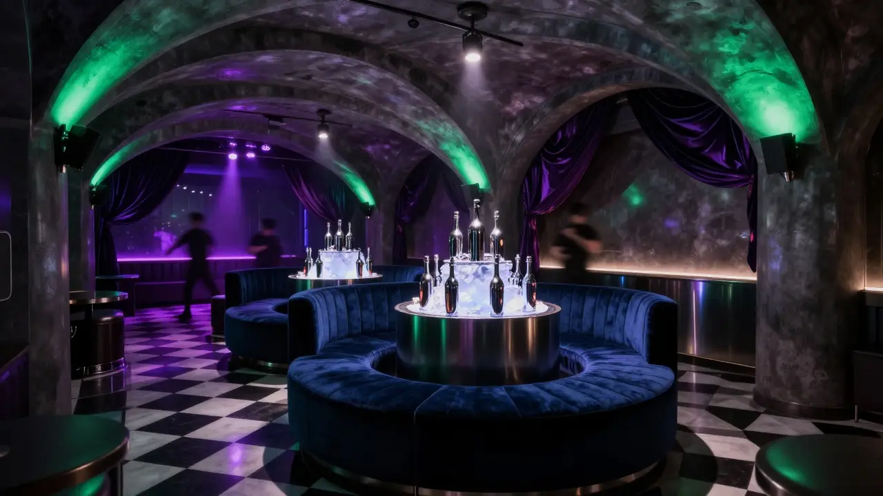 Exclusive VIP booth in nightclub with premium bottle displays and mood lighting