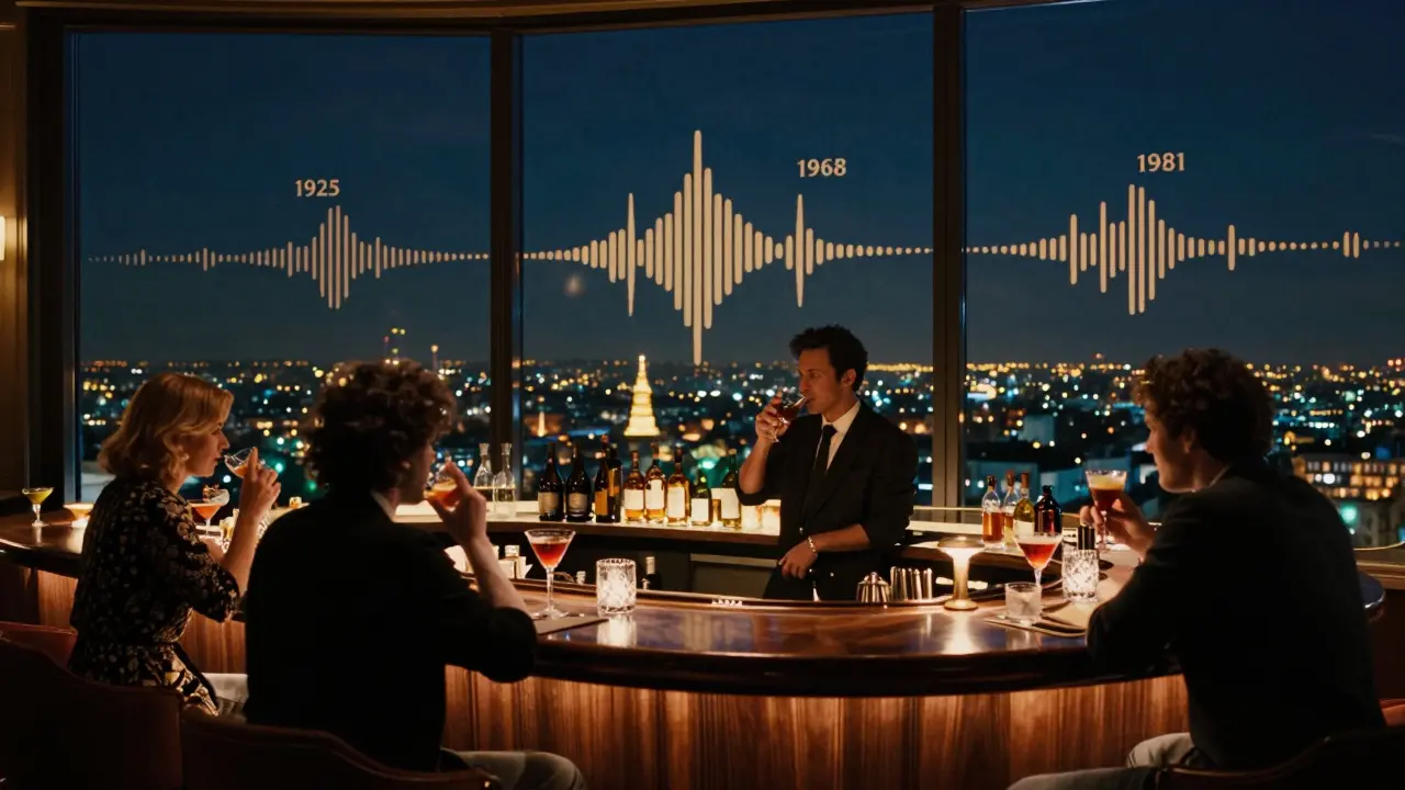 Guests enjoying historical cocktails at a high-rise Parisian bar with panoramic city lights and subtle audio waveforms in the air.