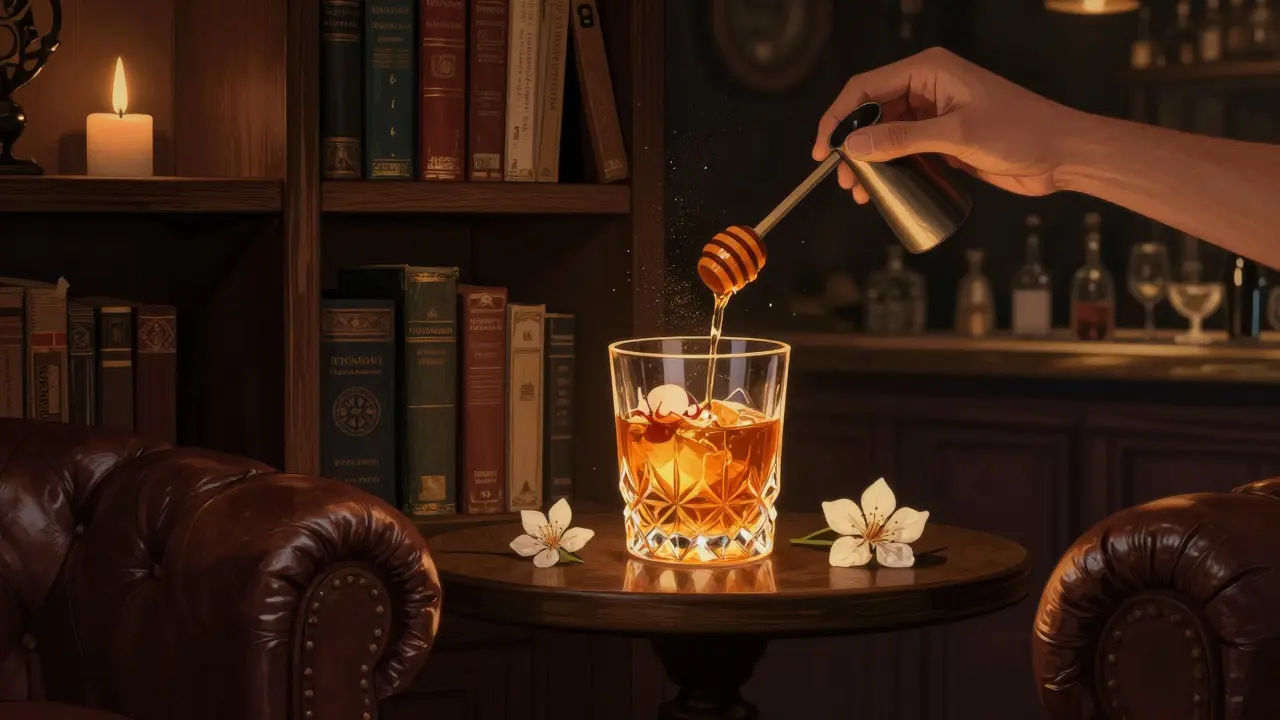 Hidden speakeasy behind a bookshelf, bartender mixing a custom cocktail in warm candlelit ambiance.