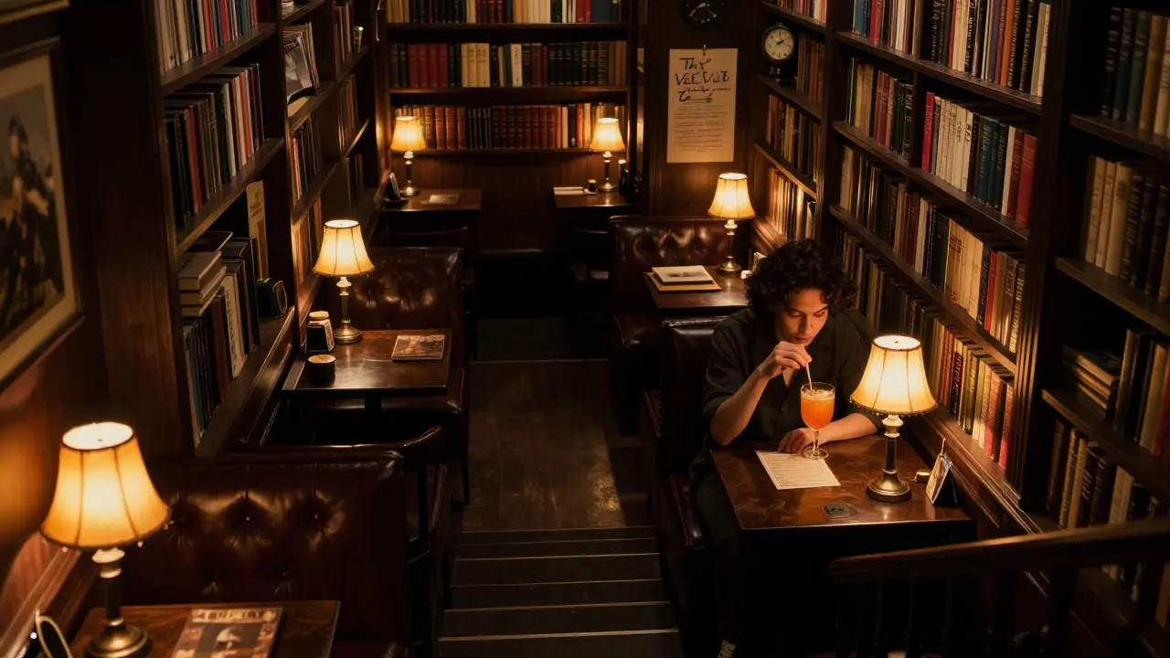 Hidden speakeasy beneath a bookstore, featuring leather booths and rare books under warm amber light.