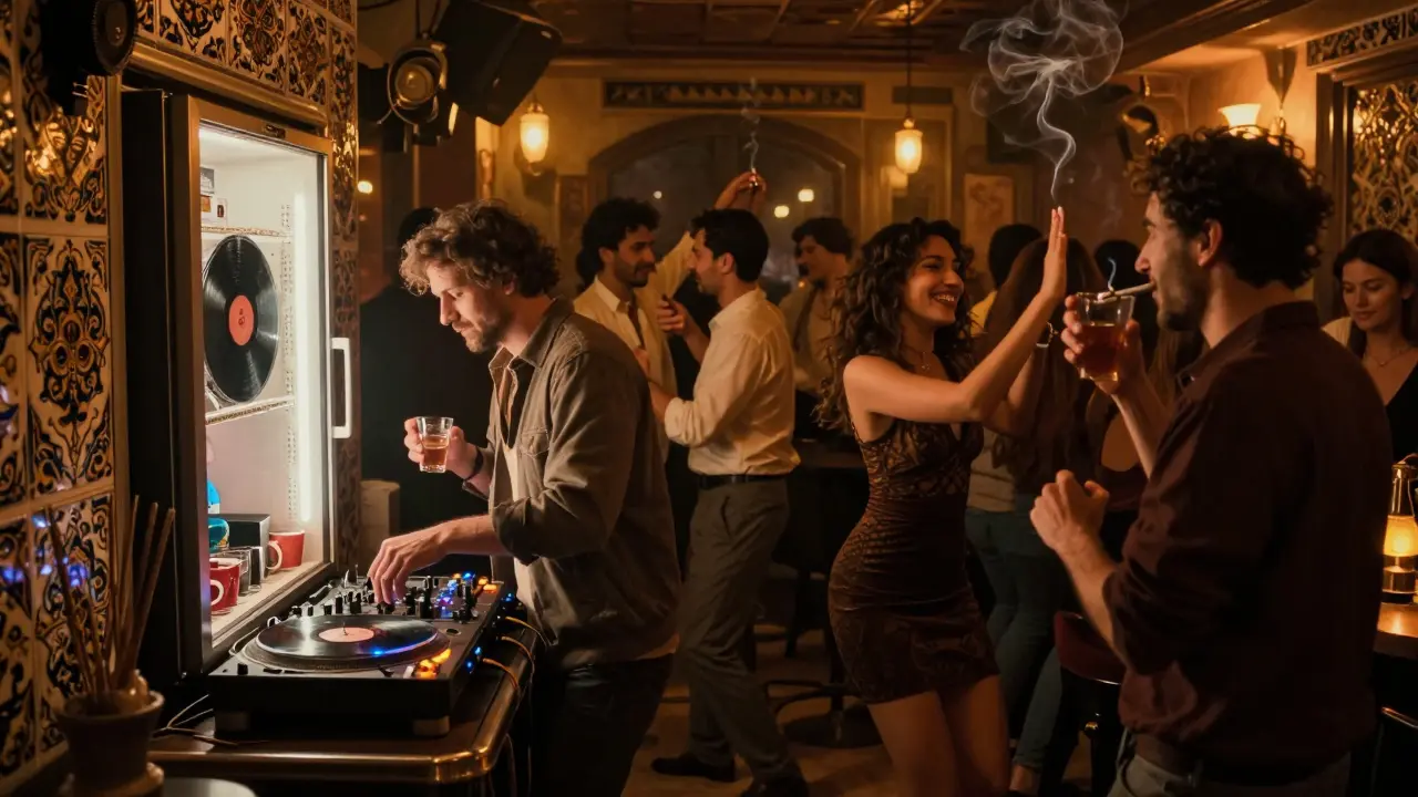 Hidden speakeasy in Beyoğlu with dim lighting, people dancing to Turkish folk and techno fusion, refrigerator door entrance.