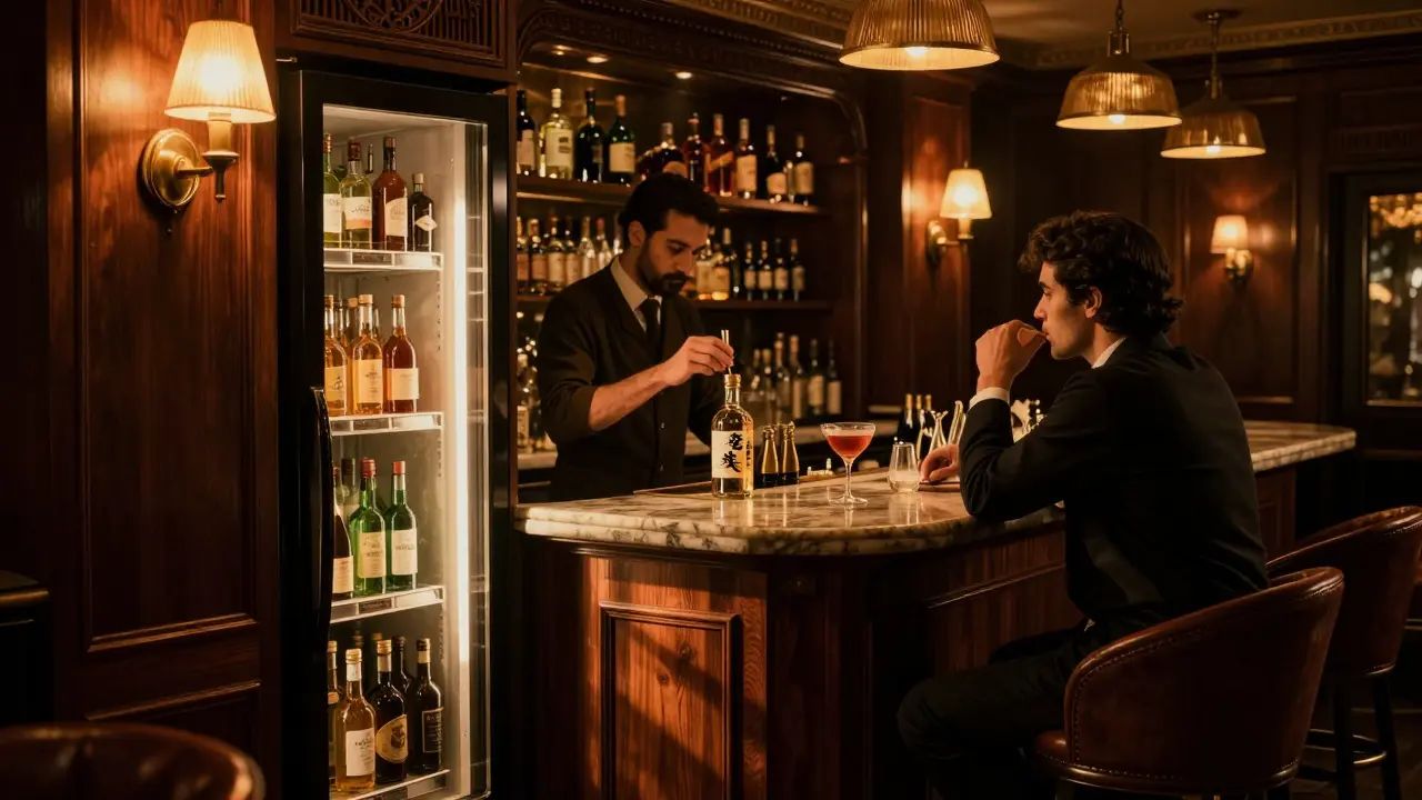 Hidden speakeasy with dark wood, brass lamps, and bartender mixing a regional cocktail