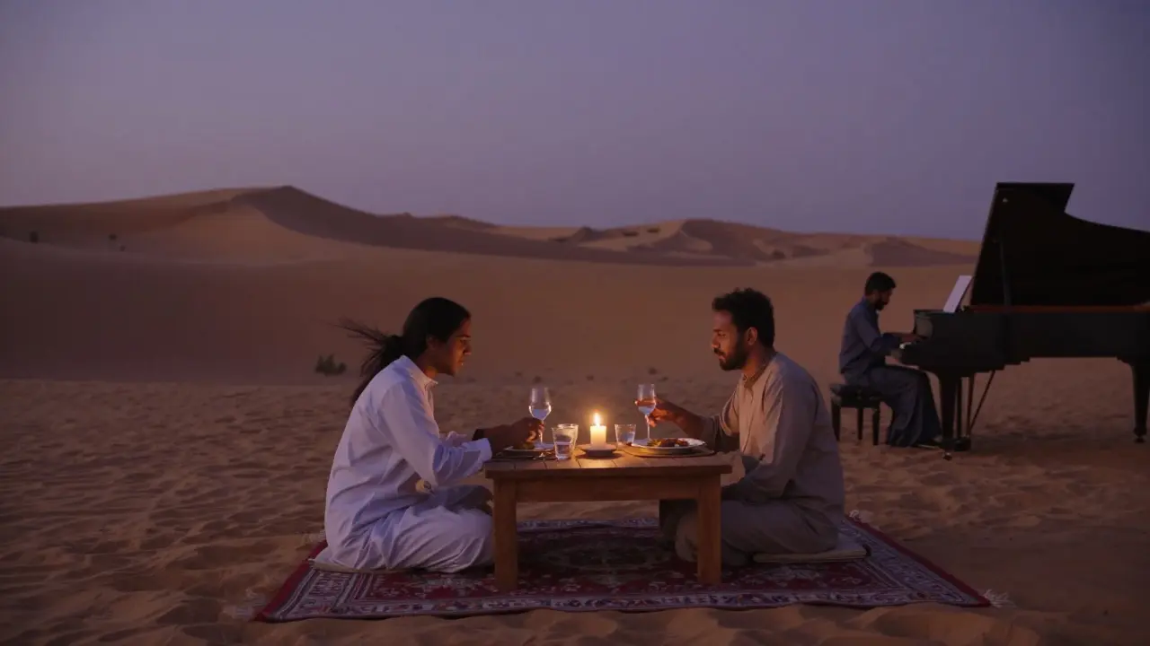 Intimate desert dinner in Al Qudra with candlelight, piano music, and quiet companionship under twilight skies.
