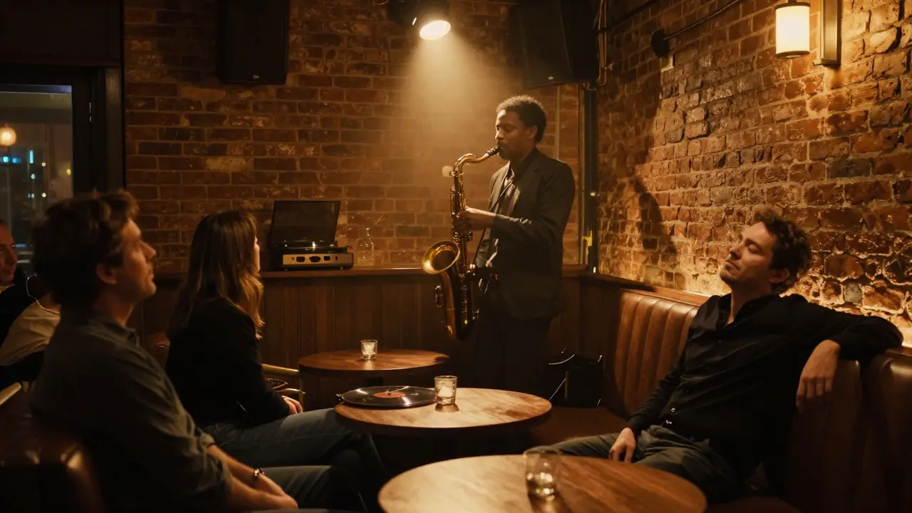 Intimate jazz bar with live saxophone performance and patrons listening quietly in dim lighting.