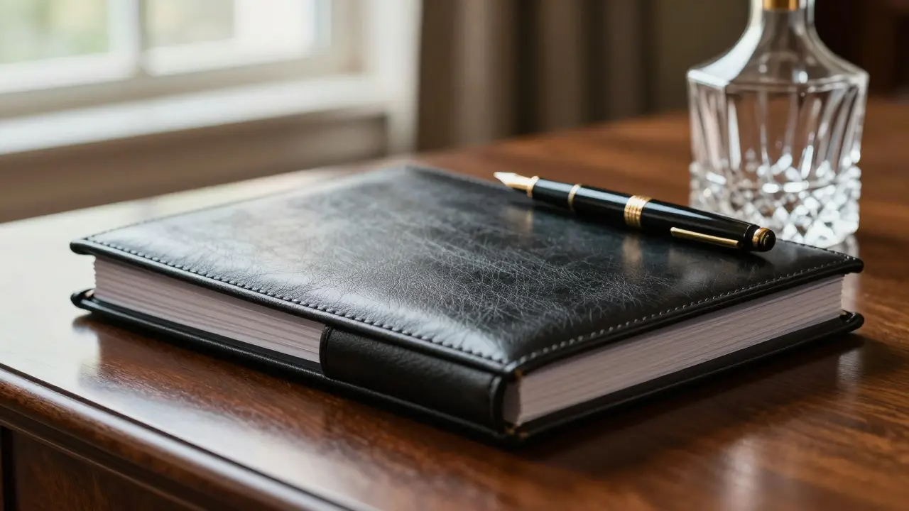 Leather briefcase and envelope on desk symbolizing confidentiality