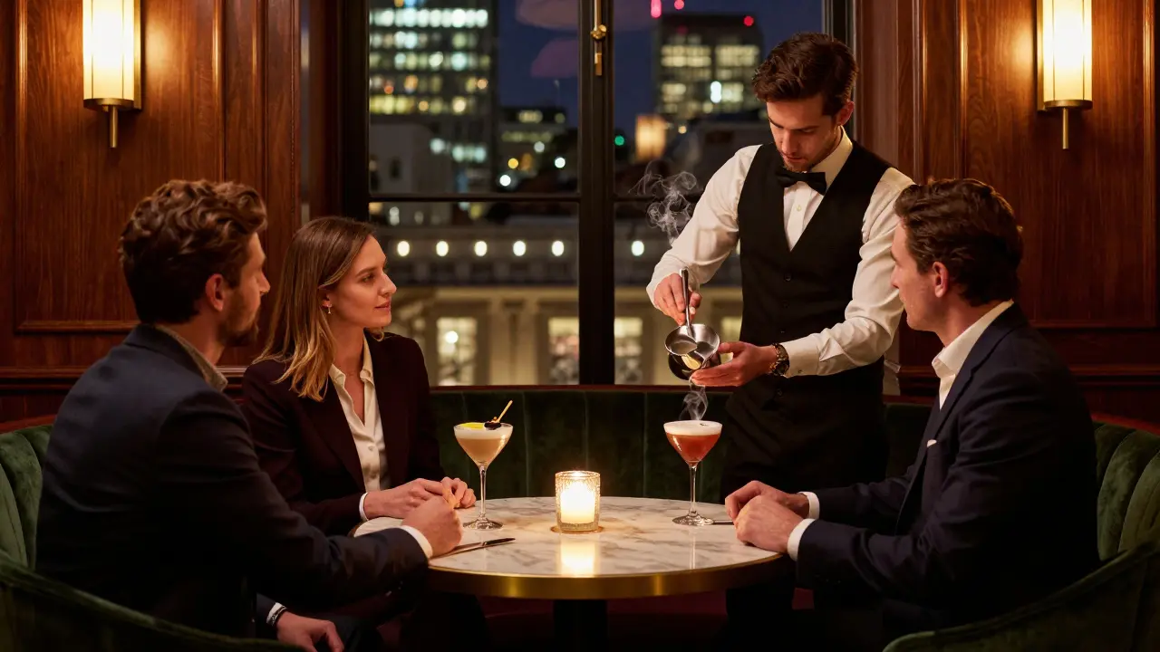 Luxurious Mayfair cocktail bar with bartender serving drinks elegantly.