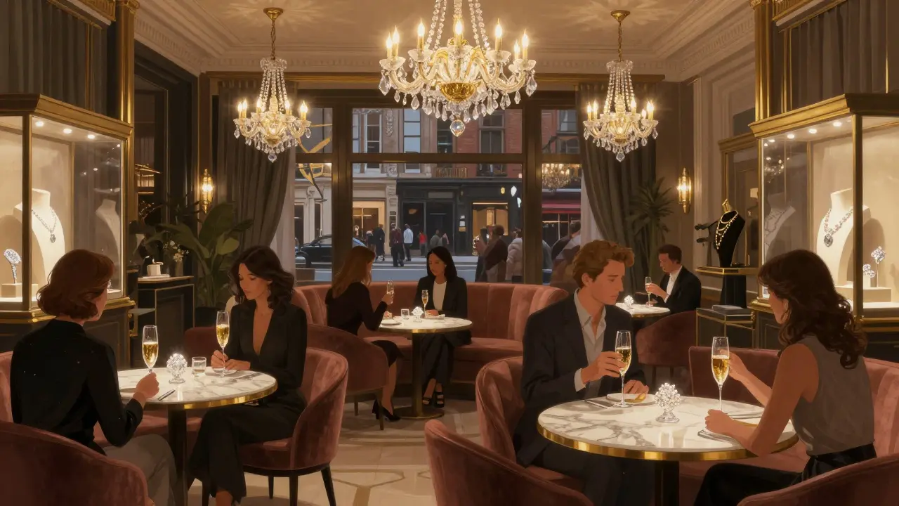 Luxury lounge interior with champagne and jewelry displays.